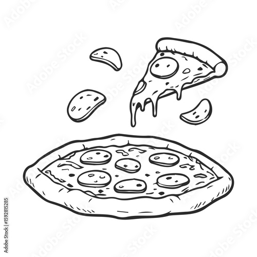 Hand-drawn pizza illustration with slices and pepperoni toppings