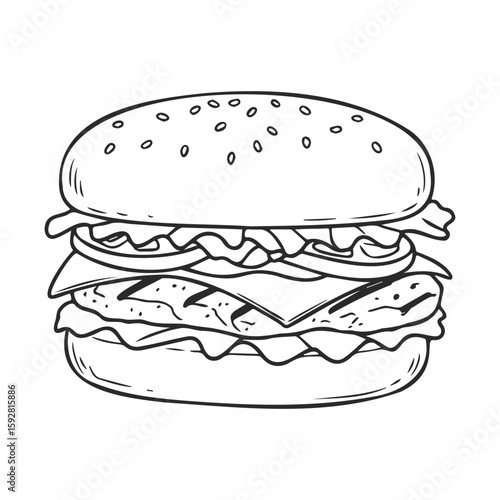 Black and white burger illustration with lettuce, cheese, and tomato layers