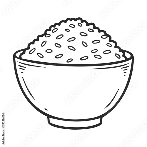 Monochrome illustration of a bowl filled with rice grains in line art style