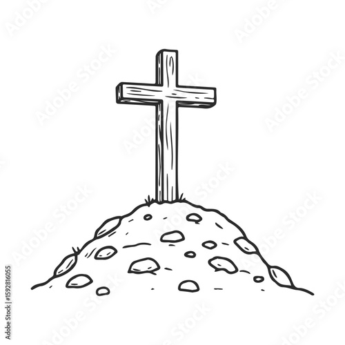 Wooden cross on rocky mound symbolizing faith and spirituality