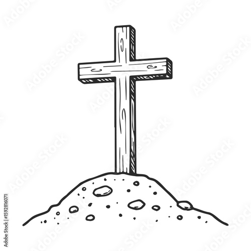 Hand-drawn wooden cross on grave with rocks and soil
