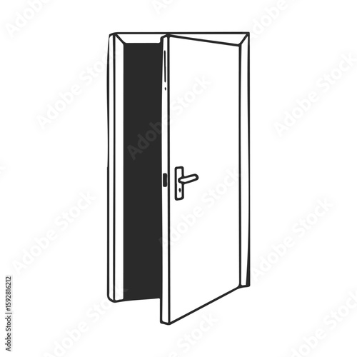 Isolated open door with handle sketch in black and white illustration