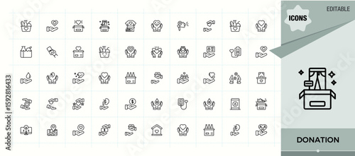 Donation icon set. Minimalist linear icons. Help line icon set. Containing humanitarian, donate, help, cooperation, foundation, volunteer and more.