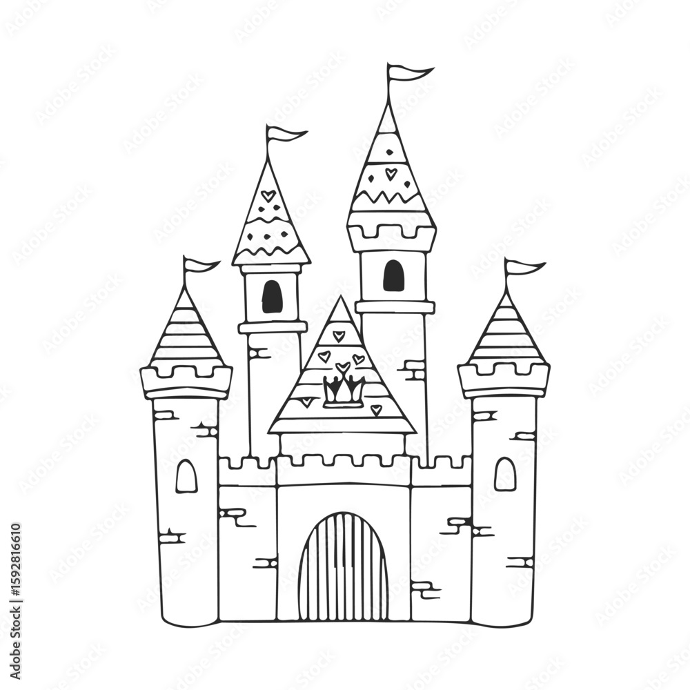 Obraz premium Simple black and white castle drawing with tall towers and flags