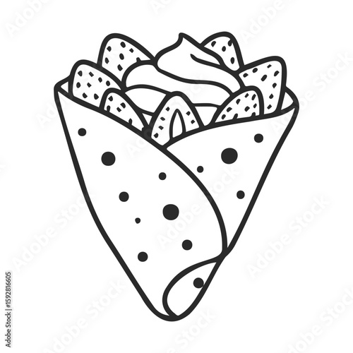 Black and white illustration of a delicious crepe filled with cream and strawberries