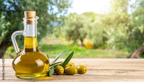 Bottle of olive oil with fresh olives on nature background.