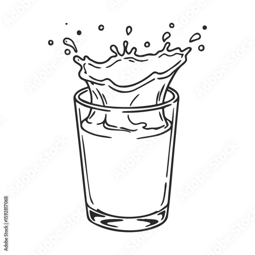 Ice cubes splashing into glass of water vector outline drawing