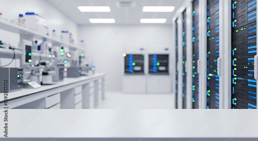 Fototapeta premium A bright, modern laboratory with scientific equipment and server racks.