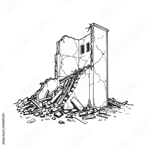 Structural ruins with debris and broken walls