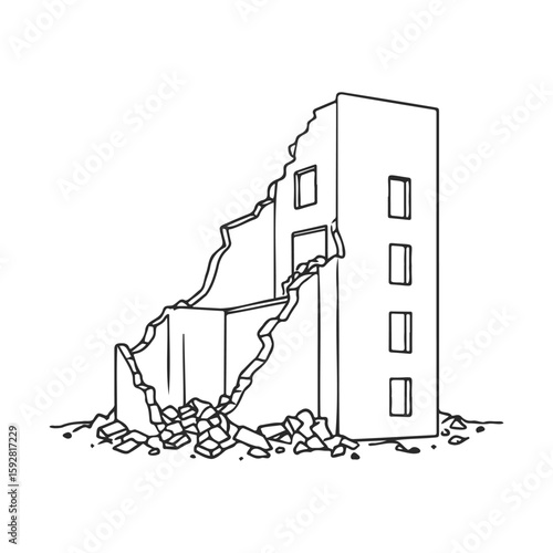 Black and white outline of a partially collapsed building