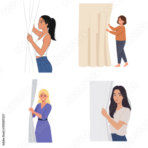 Woman opening curtains in bright indoor setting, white background, vector  