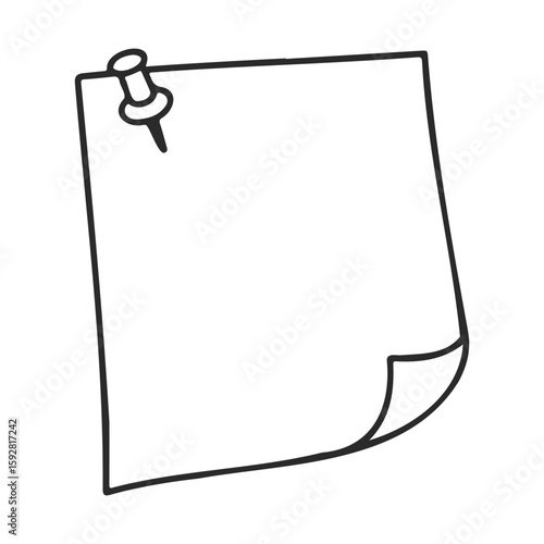 Blank sticky note with thumbtack vector illustration in simple black and white style