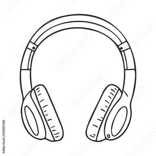 Black and white line art of over-ear headphones on a white background