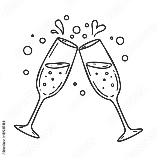 Celebratory toast with two clinking champagne glasses and bubbles