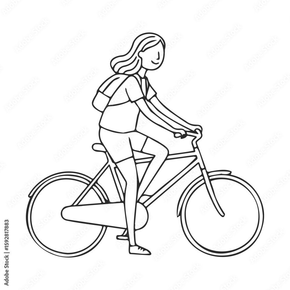 Fototapeta premium Young caucasian female riding bicycle with backpack in simple line art style