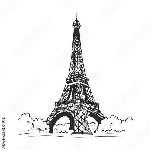 Eiffel tower illustration with clear sky and trees