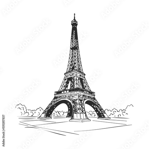 Eiffel tower sketch with detailed architecture and scenic parisian background