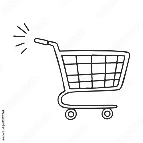 Simple black shopping cart line art with hand drawn style on white background