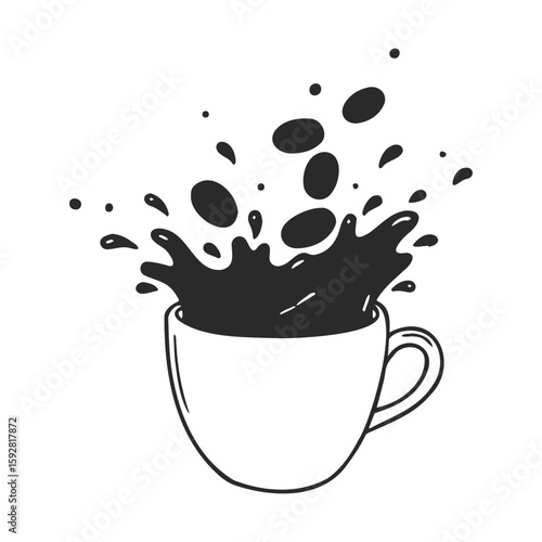 Monochrome coffee cup with splashing liquid on white background