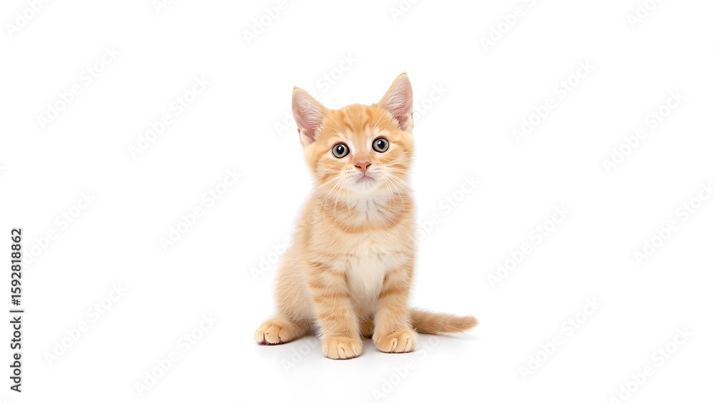 Fototapeta premium A cute orange tabby kitten sitting upright on a white background looking directly at the camera lens