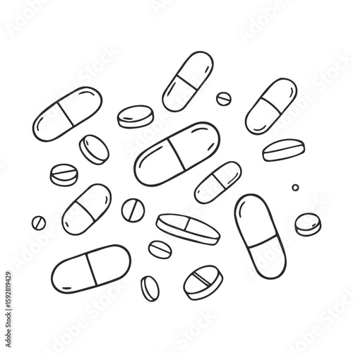 Black and white line drawing of various pills and capsules on white background