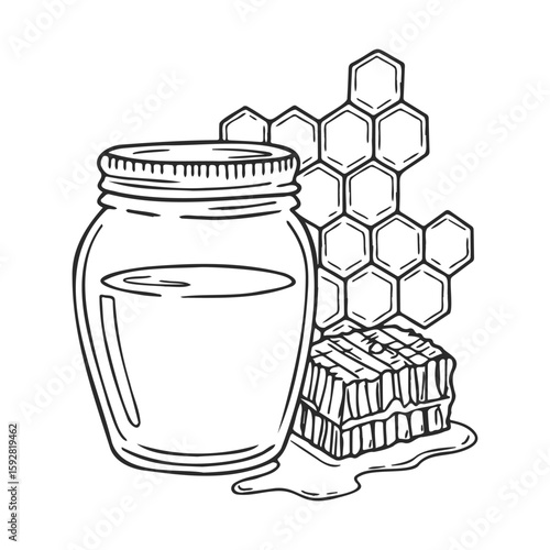 Honey jar and honeycomb drawing with hexagonal patterns and liquid