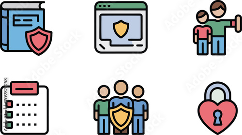 Education book shield secure website child safety checklist group allies heart lock icon set