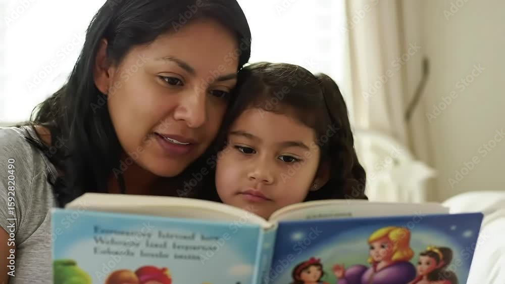 Mother reading bedtime story to daughter in bedroom Mother reading bedtime story to daughter in bedroom