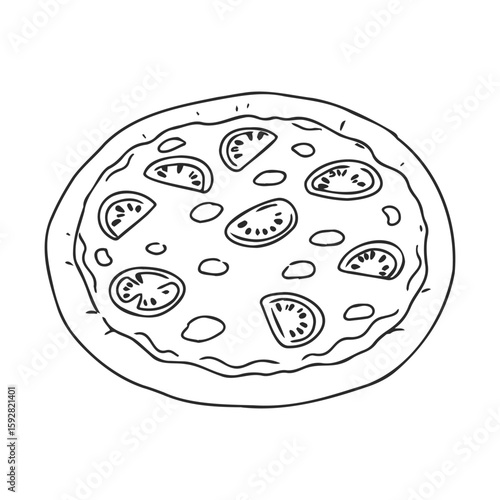 Hand-drawn classic pizza with tomato slices and cheese toppings