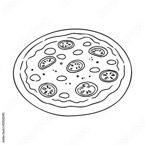 Black and white line art of a pepperoni pizza with tomato slices and cheese