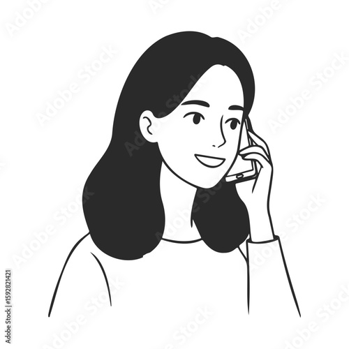 Young asian female talking on phone cartoon line art