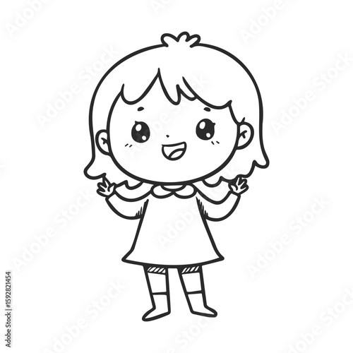 Happy cartoon child drawing with short hair and dress