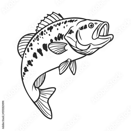 Monochrome illustration of a jumping bass fish
