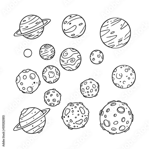 Hand-drawn celestial bodies collection featuring planets and moons with unique patterns
