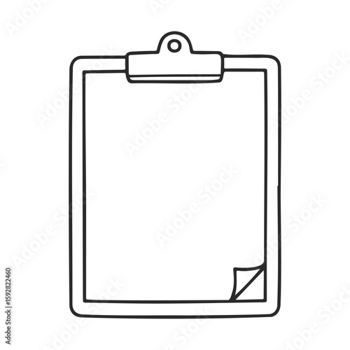 Simple black and white sketch of a clipboard with paper clip and corner fold