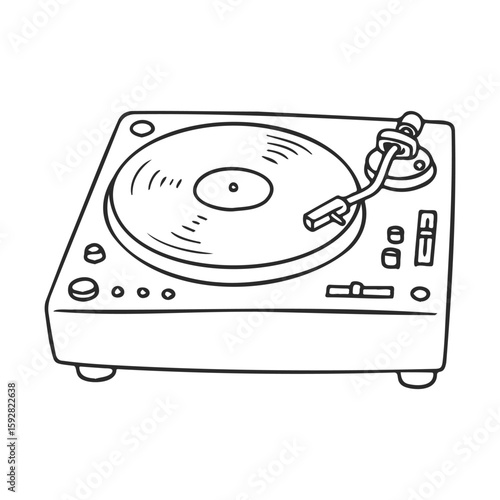 Hand-drawn vintage turntable illustration with vinyl record