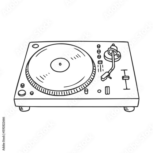 Black and white hand-drawn turntable sketch with tonearm and controls