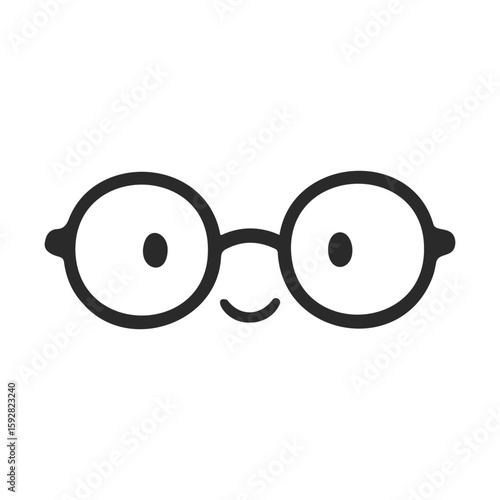 Simple black and white icon of glasses with a smile