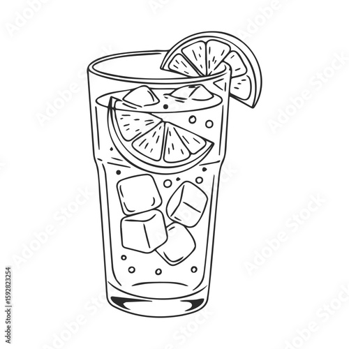 Black and white lemonade with ice cubes and lemon wedges in tall glass