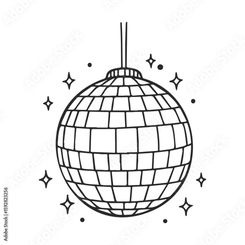 Black and white disco ball with sparkles and stars on white background