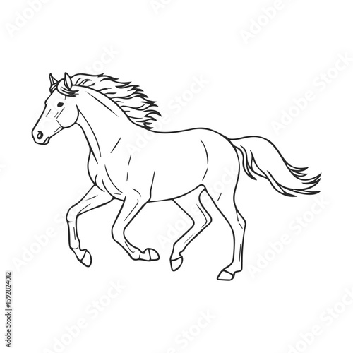 Line art of galloping horse with flowing mane on white background