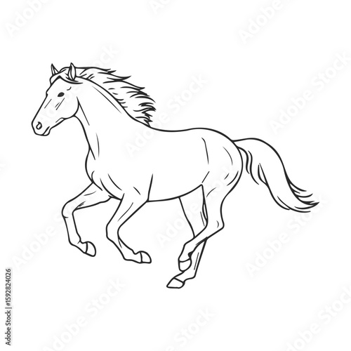 Black and white illustration of a galloping horse on white background