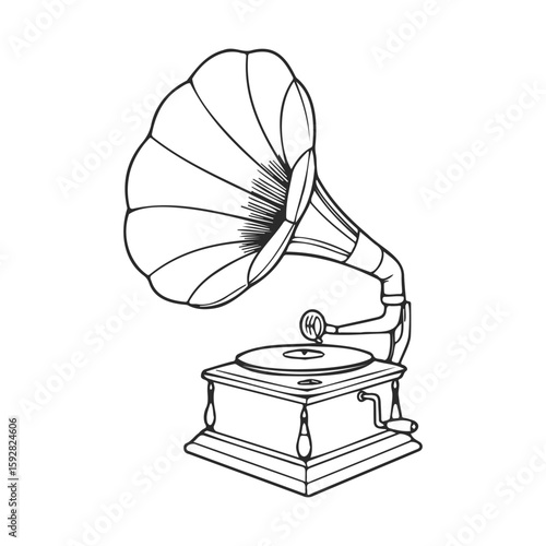 Vintage gramophone drawing with detailed horn and turntable design