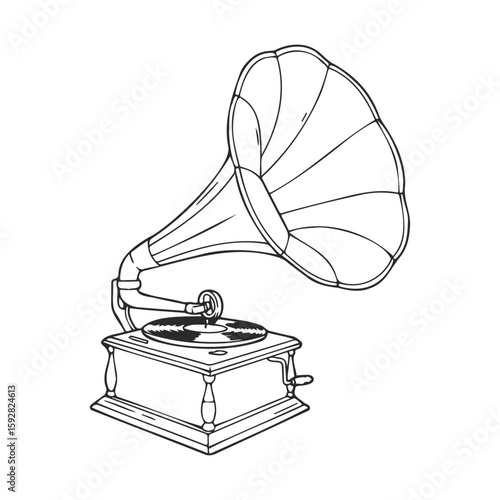 Vintage gramophone drawing with large horn and turntable in black and white