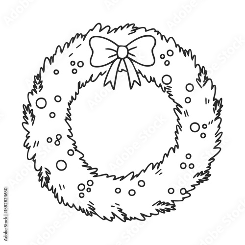 Festive christmas wreath outline with bow and berries for coloring