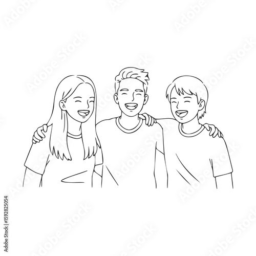 Young caucasian teens laughing and embracing in black and white line art