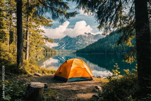 Camping tent near lake, providing serene and picturesque outdoor experience.