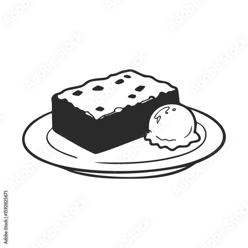 Illustration of a brownie dessert with ice cream on a plate