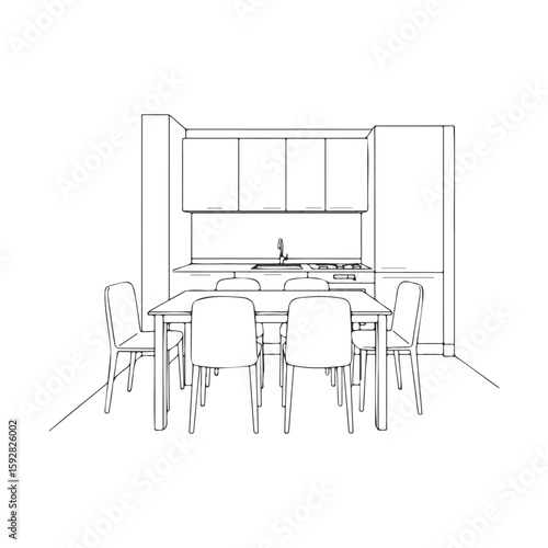 Modern minimalist kitchen with dining area furniture outline