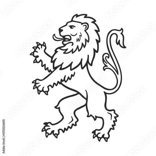 Outlined heraldic lion rampant emblem with bold mane and dynamic pose